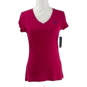 U.S. Polo Assn. Casual Womens Magenta V-Neck T-Shirt Size Small Short Sleeve Top